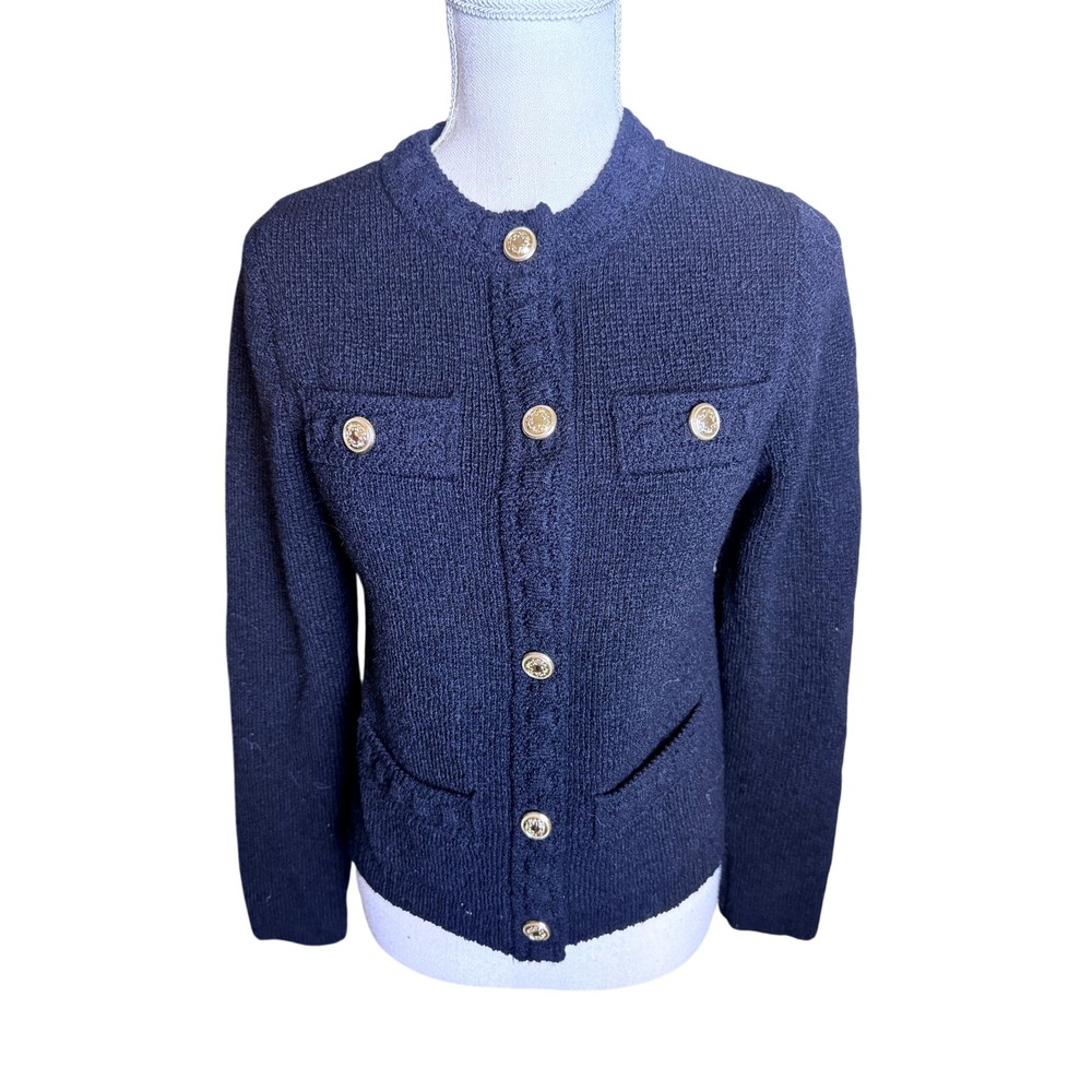H&M black Boucle Knit Cardigan Gold Crest Button Sweater XS Old Money Preppy